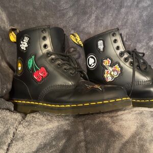 Dr. Martens moto boots, old school tattoo design on black